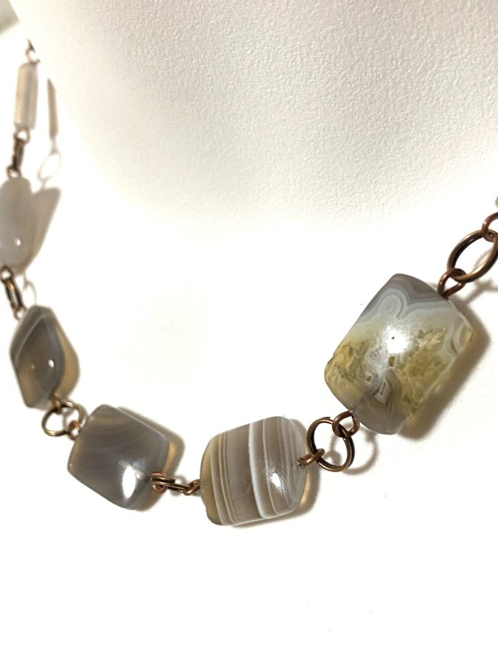 Geometric Banded Agate Necklace, Genuine Gemstone Copper Link Necklace